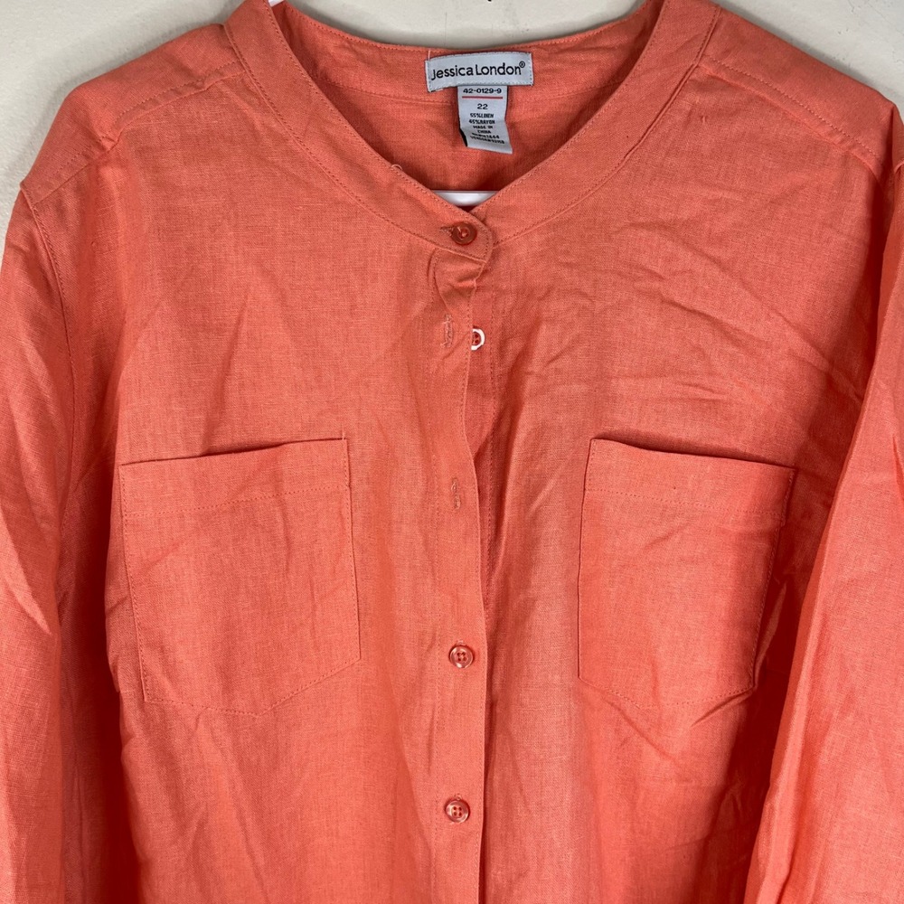 Jessica London Shirt Womens 22 Coral Orange Linen Rayon Mandarin Collar Tunic